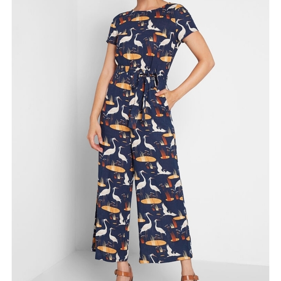 Modcloth Pants - Modcloth Bold Notion Crane Tie Waist Jumpsuit L